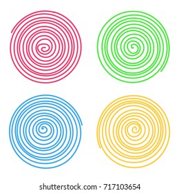 Set of doodle vector spirals isolated on white background. Bright graphic elements.