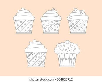 set; doodle; vector; white; sweet; black; contour; cake; isolated; coloring; zentangle; cupcake; line