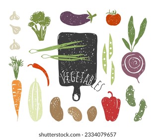 Set of doodle vegetables. Texture potatoes, beets, broccoli, onions, garlic, peas, peppers, tomato, eggplant, carrots, zucchini.