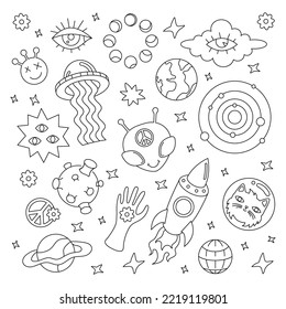 A set of doodle vintage elements. UFO, space, hippie, futurism, retro. Black and white pattern with funny