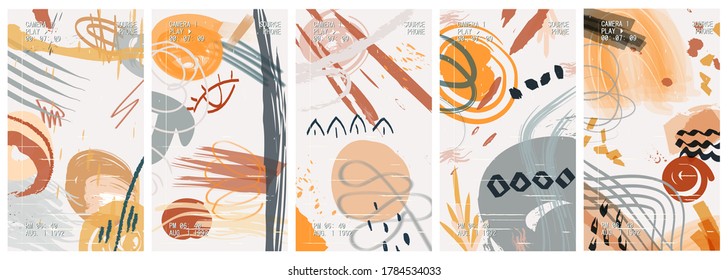 Set of doodle vintage hand drawn abstract backgrounds for social media, app design, web, stories. Modern minimalist illustrations with glitch vhs effect and different sketch lines, brushes, scribble.