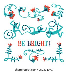 Set of  doodle vintage hand drawn floral elements and cute lemurs