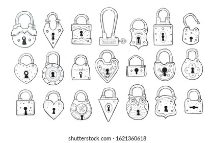Set of doodle vintage locks on white background. Vector sketch illustration. 