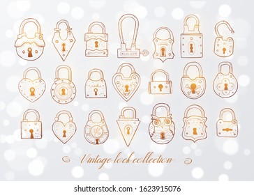 Set of doodle vintage locks on white glowing background. Vector sketch illustration