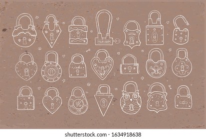 Set of doodle vintage locks on brown parcel paper background. Vector sketch illustration. 