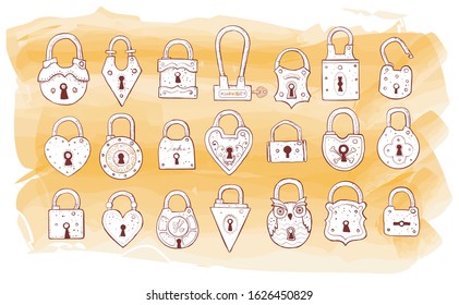 Set of doodle vintage locks. Vector sketch illustration