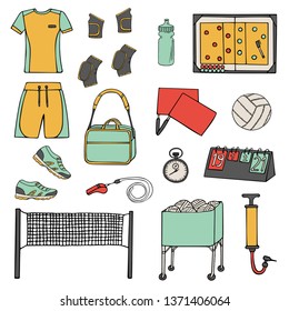 Set of doodle volleyball ball, clothes, shoes, etc. icons set. Sport team equipment and accessories. Hand drawn color vector illustration