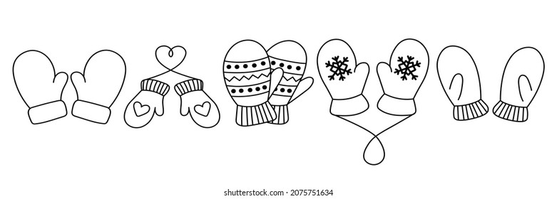 A set of doodle warm mittens with a pattern for decoration, design of cards, invitations
