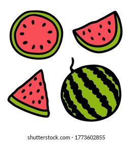 Conjunto de sandías de doodle aisladas sobre fondo blanco. Dibujado a mano. Ilustración del vector