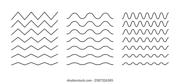 Set of doodle wavy, curvy, zigzag lines. Simple black undulate borders, transverse horizontal line. Sine, fluid, air, wind signs. Water, river, lake, sea, ocean symbols. Outline graphic illustration.