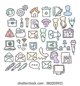 Set of doodle web, computer and drawing icons. Hand draw collection.