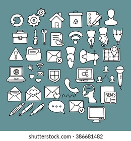 Set of doodle web, computer and drawing icons. Hand draw collection.