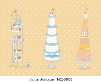 Set of doodle wedding or high tea party cakes. EPS 10. No gradients. Transparency.