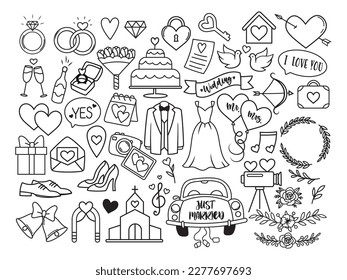 Set of doodle wedding icon. Collection of lover items bride, groom, couple, love, marriage, ring with a diamond, glasses of wine, heart. Vector illustration of romantic theme.