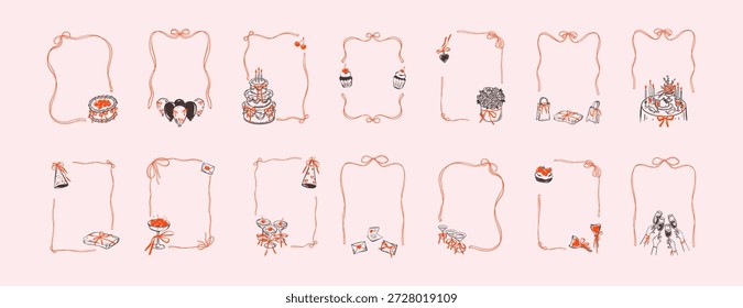 Conjunto de marcos de cinta de arco caprichoso doodle para el menú del restaurante, tarjetas de feliz cumpleaños, diseños de pastelería, invitaciones de boda. Navidades felices y feliz año Nuevo filigrana ondulada borde del rectángulo del cordón