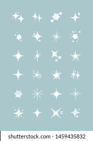 Set of doodle white sparkles effect. Collection of star spark bright symbol. Design on light blue background. Cartoon style cute. Vector illustration.