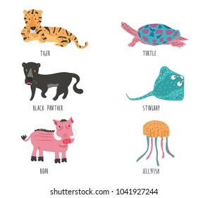 set of doodle wild  and aquatic animals  cartoon with the name vocabulary, illustration, vector