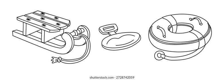 Conjunto de artículos de invierno doodle para snowboard. Trineos, trineos y tubos. Equipo al aire libre estacional para las tarjetas de la Navidad, páginas para colorear, carteles de la actividad del invierno, impresiones textiles, Diseño gráfico