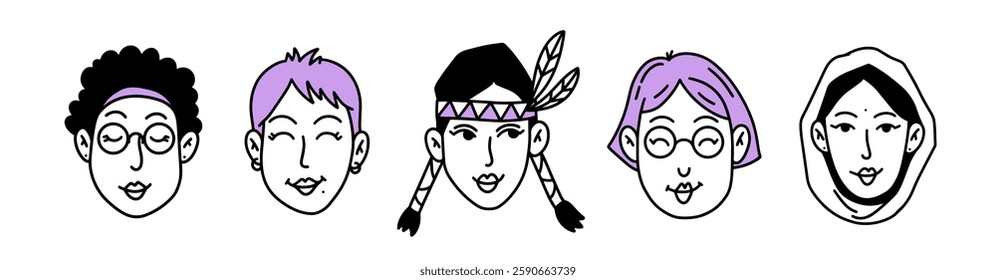 Set of doodle Women different nationalities and cultures. International Womens Day. Vector hand drawn illustration. Happy girls faces