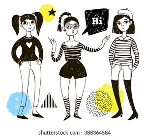 Set of doodle women and geometric elements in retro style with neon colors. 