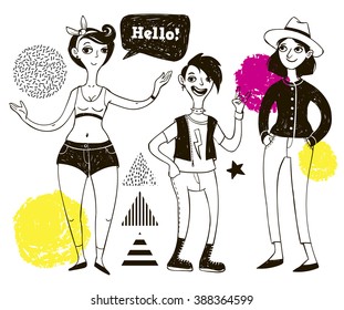 Set of doodle women and geometric elements in retro style with neon colors. 