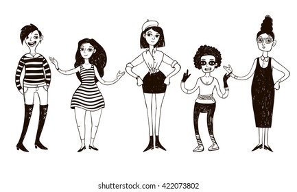 Set of doodle women and geometric elements in retro style.