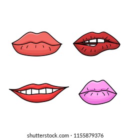 Set of doodle womens lips. Pink and red lipstick. Smiling and kissing