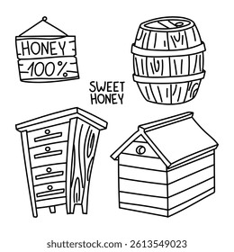 A set doodle of wooden objects related to honey. a house with a roof, a beehive, a board with an inscription on a white background. Home-made honey production. One wooden house, a drawer with shelves