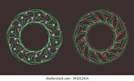 Set of doodle wreath of branches, flowers and berries. Vector element for invitations, greeting cards, and your creativity