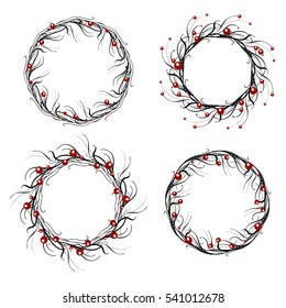 Set of doodle wreath of twigs and berries. Vector element for invitations, greeting cards, and your creativity