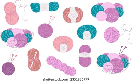 Set of doodle yarn balls and skeins for knitting and crocheting. 