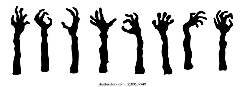 Set of doodle zombie hands silhouettes. Halloween decor. Vector illustration.