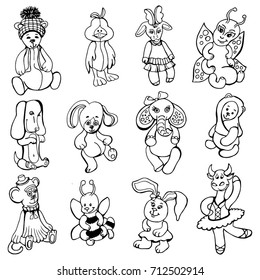set of doodles 12 in 1. funny beast toys black and white drawing. bear plush, duck, elk, butterfly, dog, rabbit, elephant, monkey, bee, cow