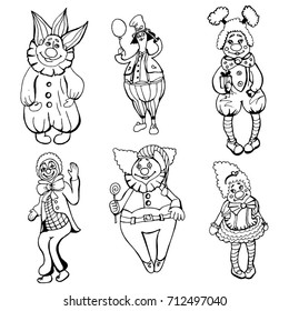 set of doodles with 6 clowns. funny characteristic of the images, black and white handicrafts by hand