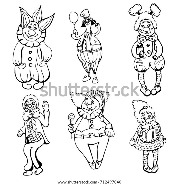 set-doodles-6-clowns-funny-characteristic-vector-de-stock-libre-de