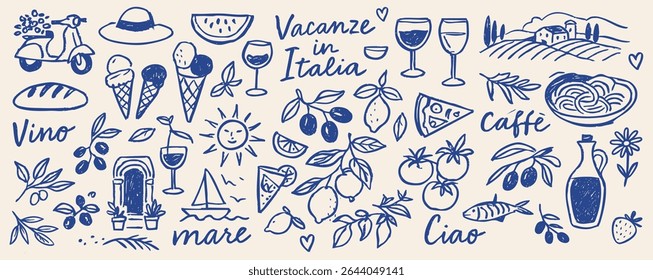 Set of doodles about italia. Summer vacation. Food and olive and wine. Restaurant menu vector scribble illustration
