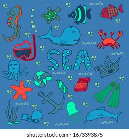 Set doodles about underwater life with cute fishes