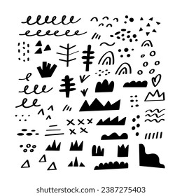 A set of doodles with abstraction, lines, dots, shapes. Isolated decorative elements on white background