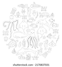 Set of doodles of animals and plants of the underwater world for coloring. Vector illustration of corals and boats. Collection of sea fish in outline