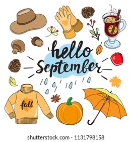Set of doodles with autumn items clothes and food inscription hello september on a white background