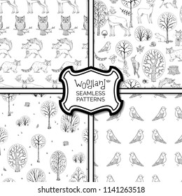 Set of doodles autumn woodland seamless patterns. Cute wild animals and birds, autumn trees and bushes. Fox, moose, deer, bear, squirrel, raccoon, hedgehog and others. Vector tileable backgrounds.