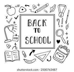 A set of doodles Back to school with study subjects and lettering. Vector linear illustration with stationery, notebook, pencil, backpack