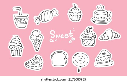 Set of doodles for bakery, desserts, tea, coffee, bread, candy, cake, icecream etc. by hand drawn, cute decoration vector