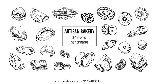 Conjunto de doodles de panadería, pan, pastelería y aperitivos. Ilustración colección de líneas aisladas de productos de panadería. Elementos de diseño de vectores, arte de línea de varios artículos horneados