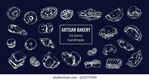 Set of doodles of bakery items, bread, pastry, snacks. Illustration collection of bakery goods on black background. Vector design elements, menu, various baked items