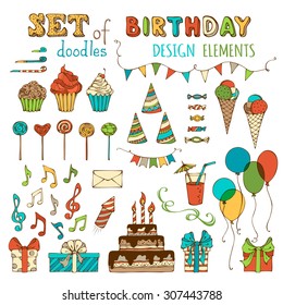 Set of doodles birthday design elements. Hand-drawn garlands and balloons, music notes, gift boxes, party blowouts, cakes and candies, birthday pie, party hats and other objects.