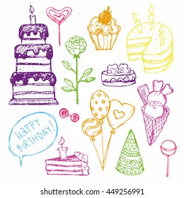 Set of doodles birthday design elements. Hand drawn  balloons, gift boxes, party blowouts, cakes and candies, party hats and other objects. Vector illustration