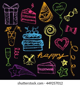 Set of doodles birthday design elements. Hand drawn  balloons, gift boxes, party blowouts, cakes and candies, party hats and other objects. Vector illustration