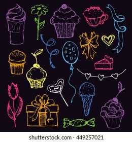 Set of doodles birthday design elements. Hand drawn  balloons, gift boxes, party blowouts, cakes and candies, and other objects. Vector illustration