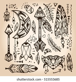 Set of doodles in a bohemian style. Vector design elements in a looks like a hand drawn illustrations. Bohemian and tribal elements: hearts, herbs, arrows, feathers, moon and crystal